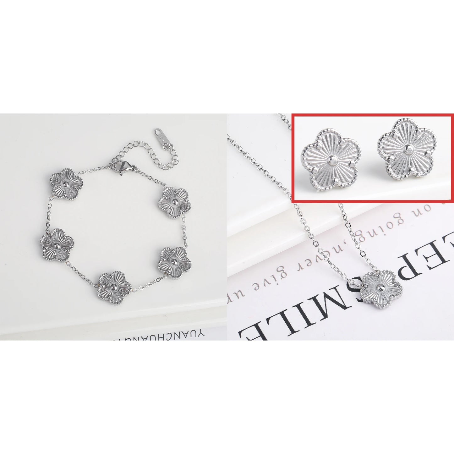 Bracelet Earrings 18K Gold Plated Jewelry Set For Women Girl Gift Clover