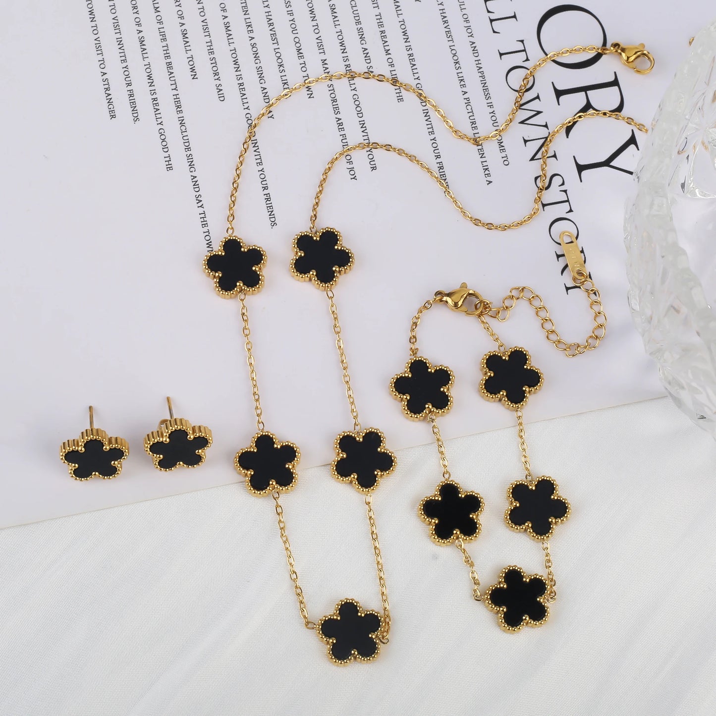 Bracelet Earrings 18K Gold Plated Jewelry Set For Women Girl Gift Clover