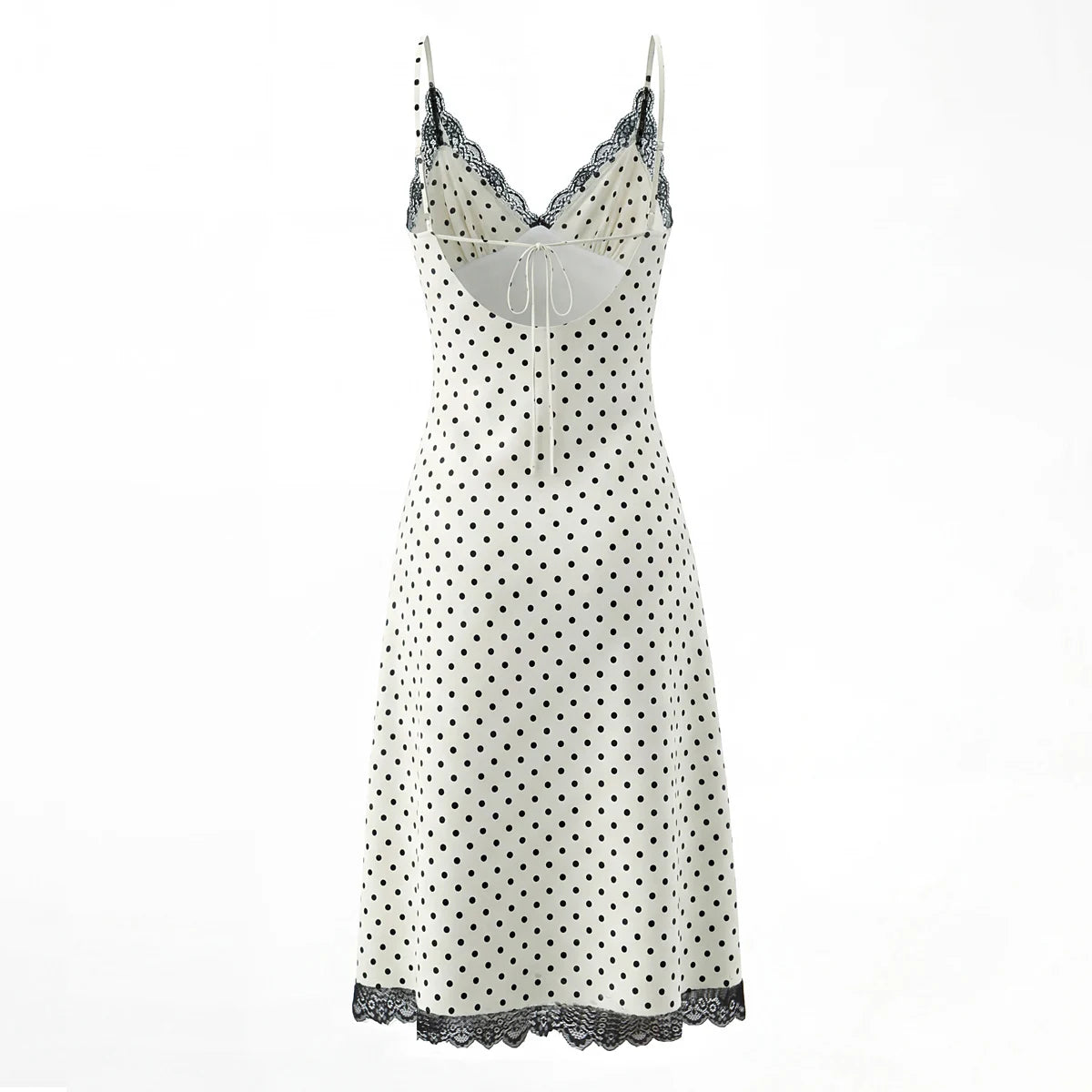 Sexy Milky Black Polka Dot Print Spliced Lace Ruched V Neck Sling Dress Women No Back Backless A-line Long Vestidos Robe Holiday