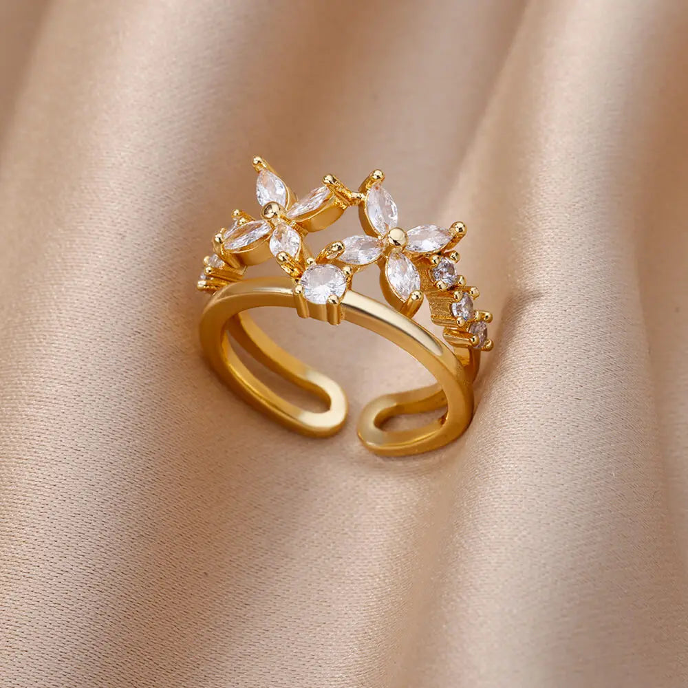 White Zircon Flower Leaf Shape Stainless Steel Rings For Women Adjustable Aesthetic Wedding Ring Light Luxury Female Jewelry BFF