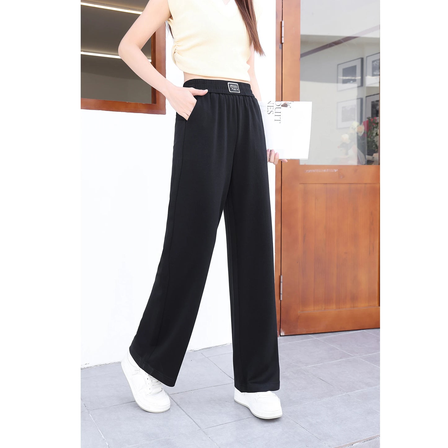 2026 New Women's Loose Straight Leg Pants in Apricot Color, Elastic Waist Modal Casual Pants, Black Wide Leg Pants