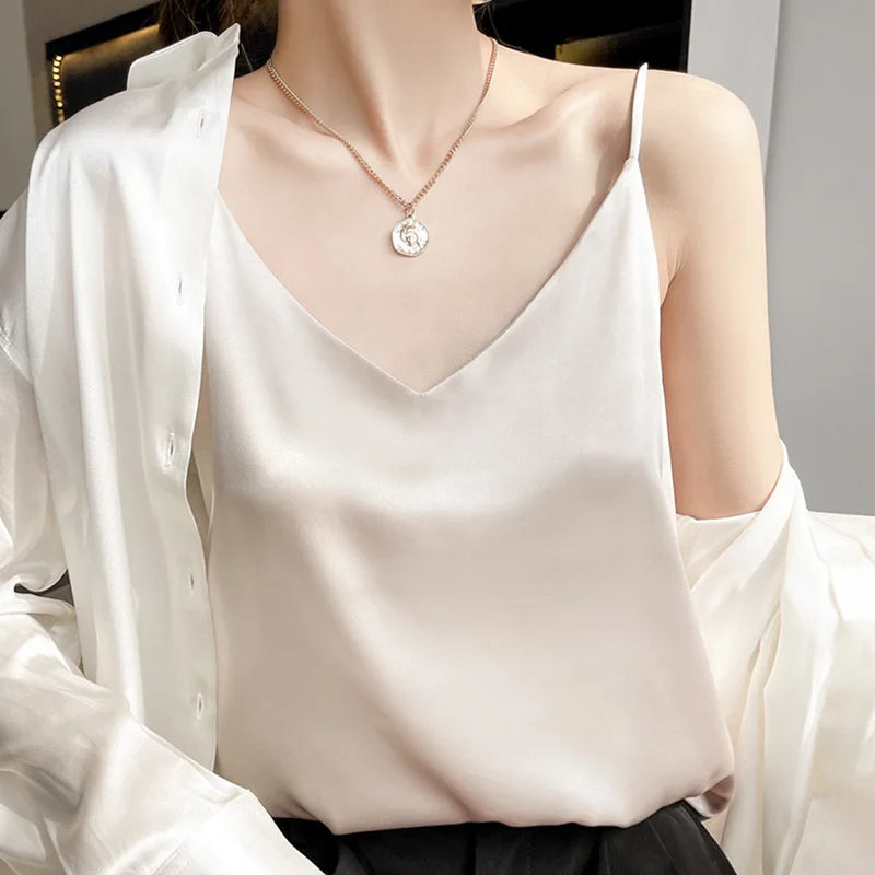 Summer Satin Women Camisole Sexy Sleeveless V-Neck Solid Spaghetti Strap Tank Tops French Fashion Soft Bottoming Shirt Innerwear