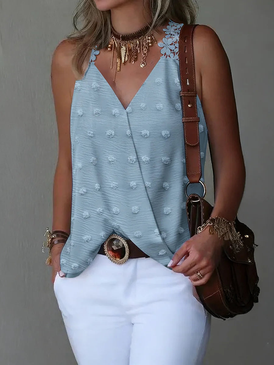 Women's V Neck Swiss Dot Tank Top Lace Trim Loose Top Casual Tank Top Spring Summer Chic Tank Top Daily Lightweight Top