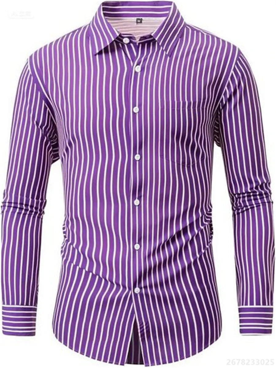 Men's shirts, long-sleeved lapel business formal button-down shirts, men's striped shirts, high-quality men's tops XS-6XL