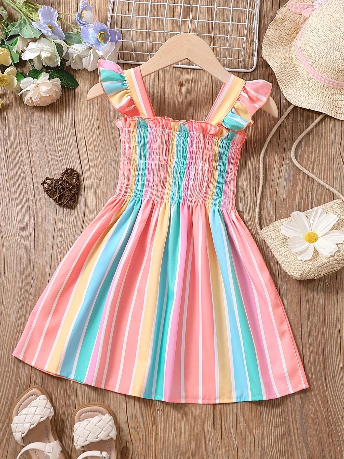 Girls' striped parallel pleated ruffle A-line dress