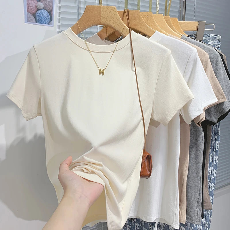 2026 New Women's 100% Cotton T-shirt Bottoming Basic Solid Lady Short Sleeve Tops Shirts Summer T Shirt