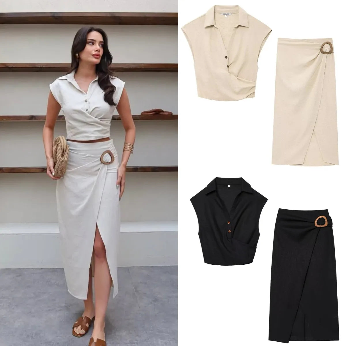 in found today ETJ 2026 new women's elegant fashion casual suit pleated lapel sleeveless blouse & comfortable MIDI skirt with buttons
