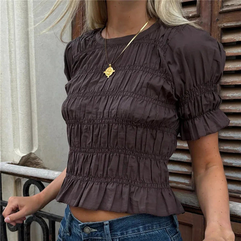 hirigin Women's Ruched Ruffle Hem Smocked Crop Tops Puff Short Sleeve Slim Fit Casual Summer Going Out Shirred Blouses