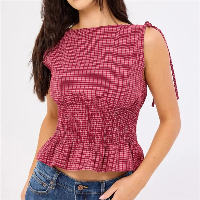 Women Summer Gingham Tie Shoulder Tank Top Y2k Vintage Sleeveless Shirred Ruffle Babydoll Shirt Cute Going Out Plaid Top