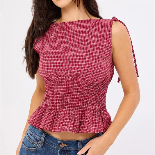 Women Summer Gingham Tie Shoulder Tank Top Y2k Vintage Sleeveless Shirred Ruffle Babydoll Shirt Cute Going Out Plaid Top