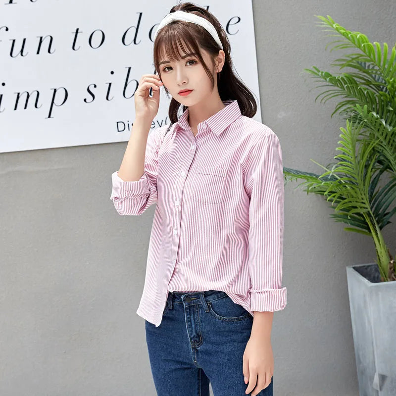 Cotton White Blue Pink Striped Shirt Women 2026 Spring New Simple Casual Lapel Long Sleeve Blouses & Tops Office Ladies Clothes
