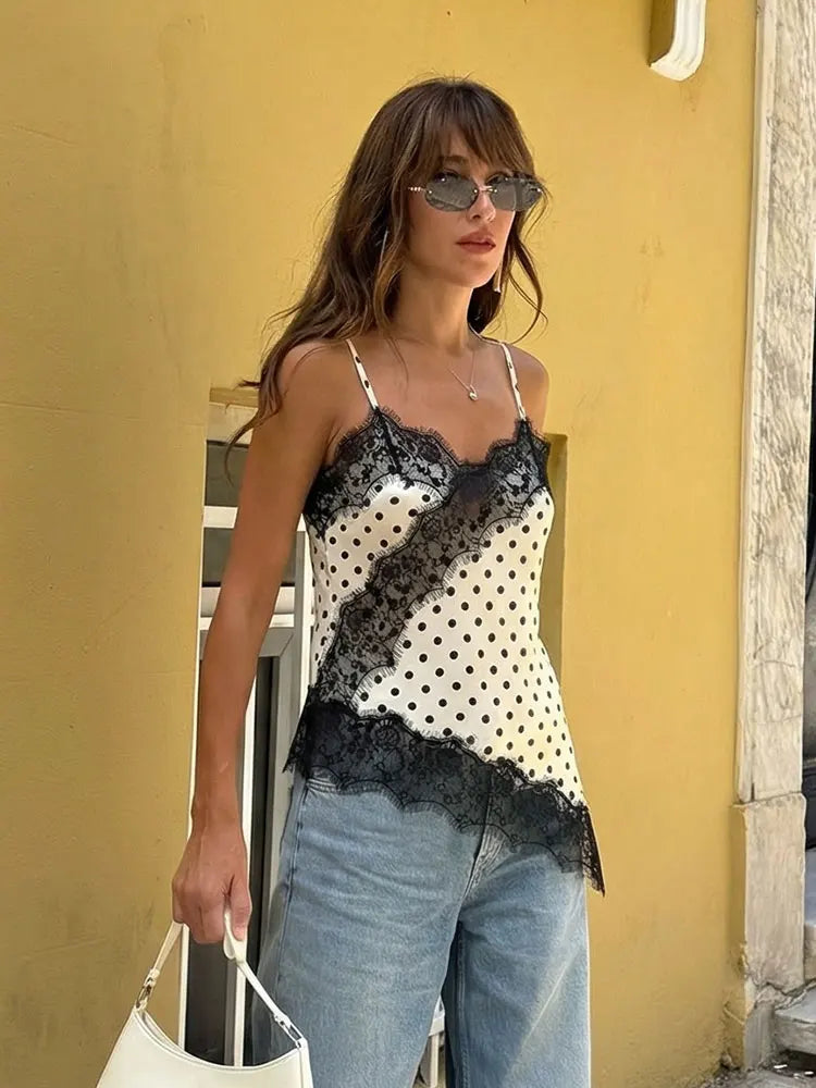 HH 2026 Summer Polka Dot Tops For Women Fashion High Street Asymmetrical Lace Patchwork Tanks Elegant Women Backless Camisole