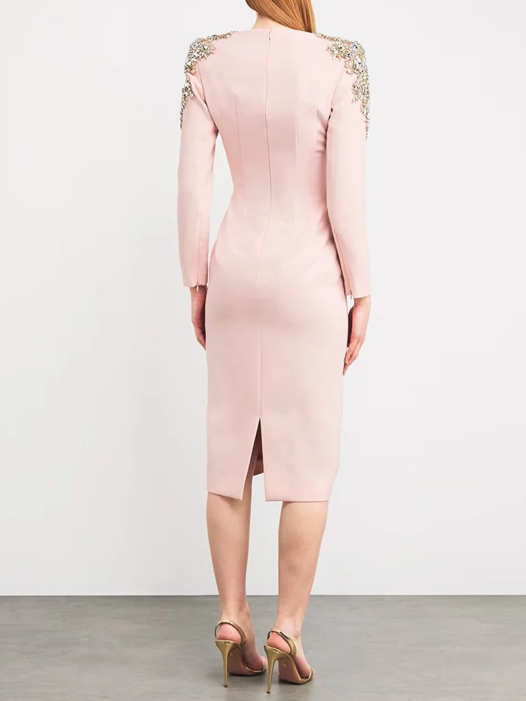 HIGH STREET Newest 2026 Designer Fashion Women's Long Sleeve Diamonds Beaded  Long Sleeved Dress