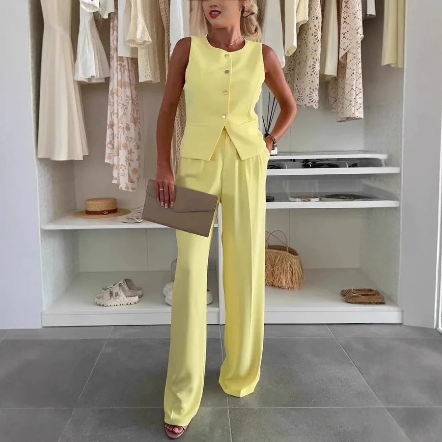 Simple Casual 2 Piece Set Women V Neck Single Breasted Crop Vest+trouser Suit Summer Fashion Pleated Wide Leg Pants Sets
