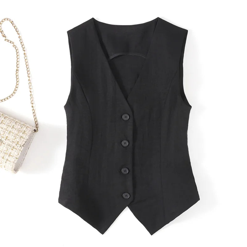 Summer solid color linen vest thin women's vest slim fit short sleeveless suit V-neck shoulder vest