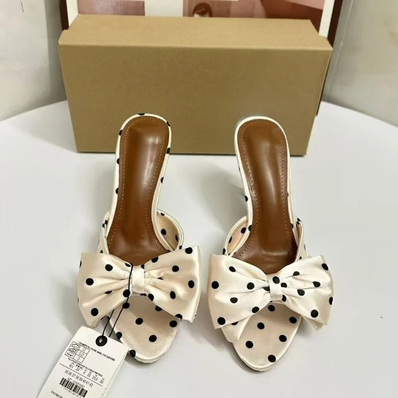2026 Summer New Women's Polka Dot Bow Satin Mules - Stiletto High Heel Open Toe Fashion Slippers for Party Evening Dress Shoes