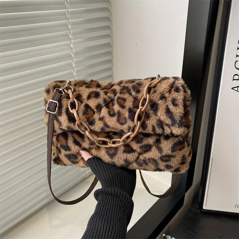 Korean-style ladies' handbag, autumn and winter plush crossbody bag, fashionable leopard print handbag, birthday gift