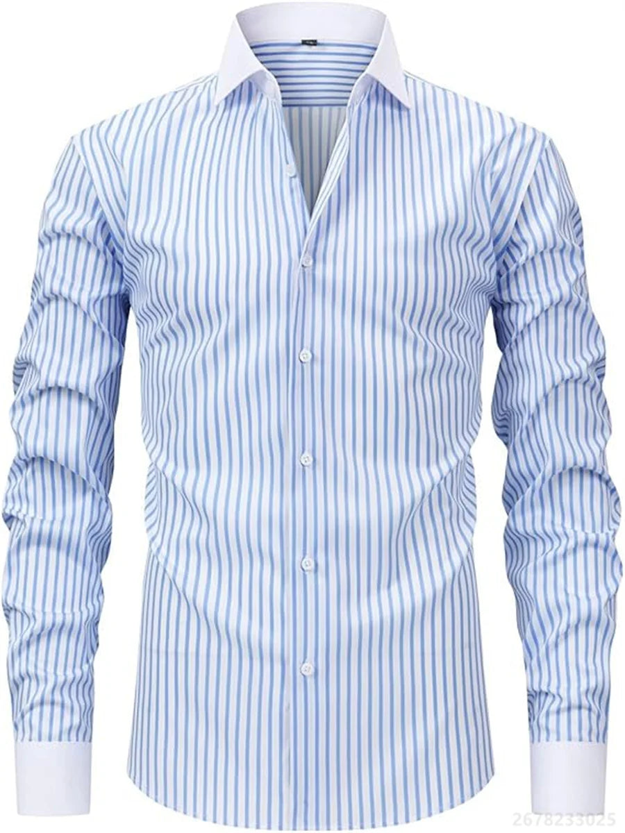 Men's shirts, long-sleeved lapel business formal button-down shirts, men's striped shirts, high-quality men's tops XS-6XL