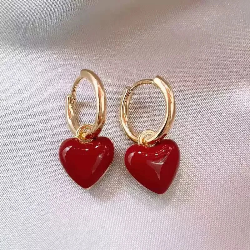 Romantic Pink Heart Shape Drop Earrings for Women Minimalist Gold Color Geometry Hoop Earrings Girl Temperament Party Jewelry