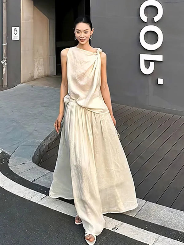 Summer 2025 Women's Knot Neckline Sleeveless Vest And Skirt Set Casual Stylish Half Body Fashion Ensemble Long Pants