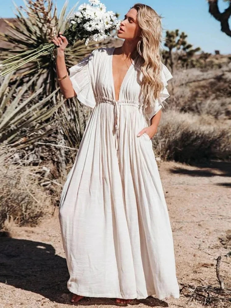 Sexy Bikini Cover-ups Deep V Neck Long White Tunic Casual Summer Beach Dress Elegant Women Clothes Beach Wear Swim Suit Cover Up