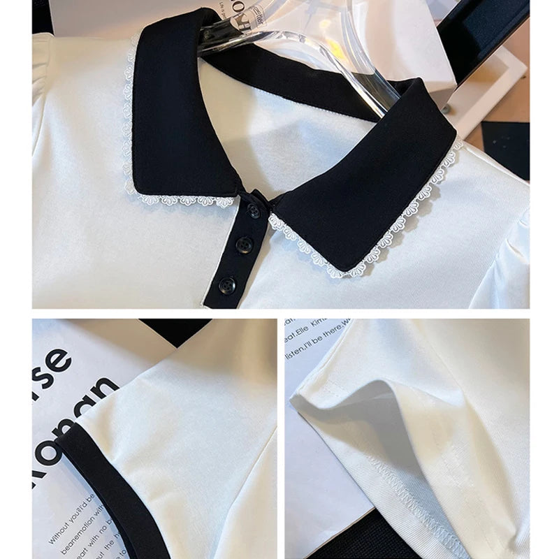Women Peter Pan Collar Short Sleeve T Shirt Summer New Design False Two Piece Top Blouse