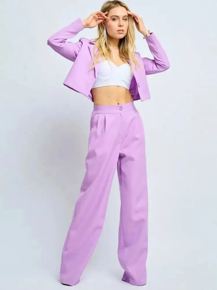 Casual Lapel Long Sleeve Short Blazer Jacket + High Waist Wide Leg Pants Two Piece Set