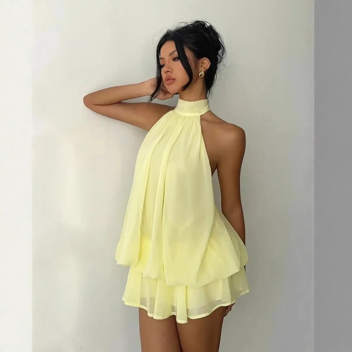 Women's Halter Neck Dress, Backless Tie-Front Chiffon Sheer Mini Skirt
