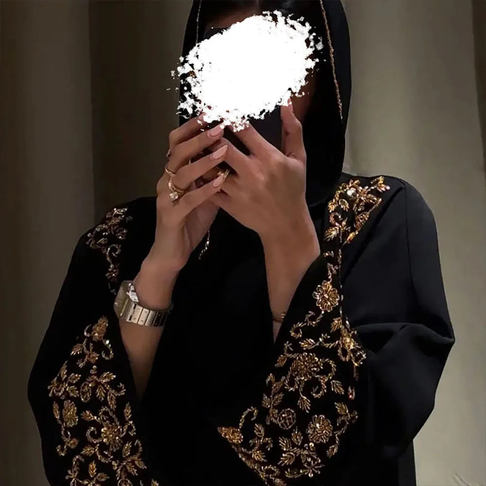Abaya Eid Gold Embroidery Design Long Sleeve Dubai