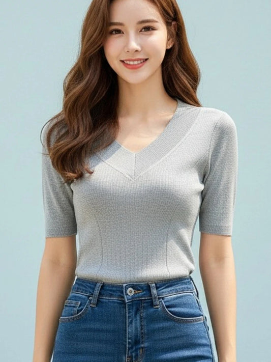 2026 Summer New V-neck Ribbed Knitted Slim Women's T-Shirt Basic Elasticity White Short Sleeve Tee Shirt Korean Style Casual Top