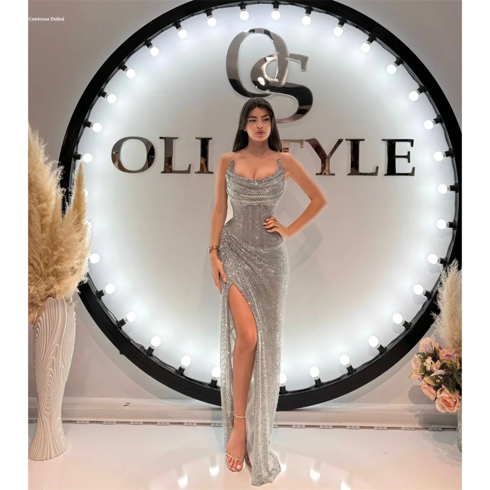 Contessa Custom Sexy Shiny Net Drill Column Prom Dress Cowl Neck Spaghetti Strap Sheath High Slit Maxi Evening Dress Formal Gown