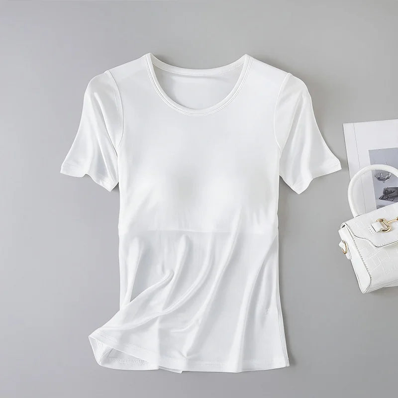 Birdtree, 22% Real Silk Solid Tshirt, With Built-in Bra, Women Short Sleeve O-neck Loose Soft Shirt, 2026 Spring New T63428JF