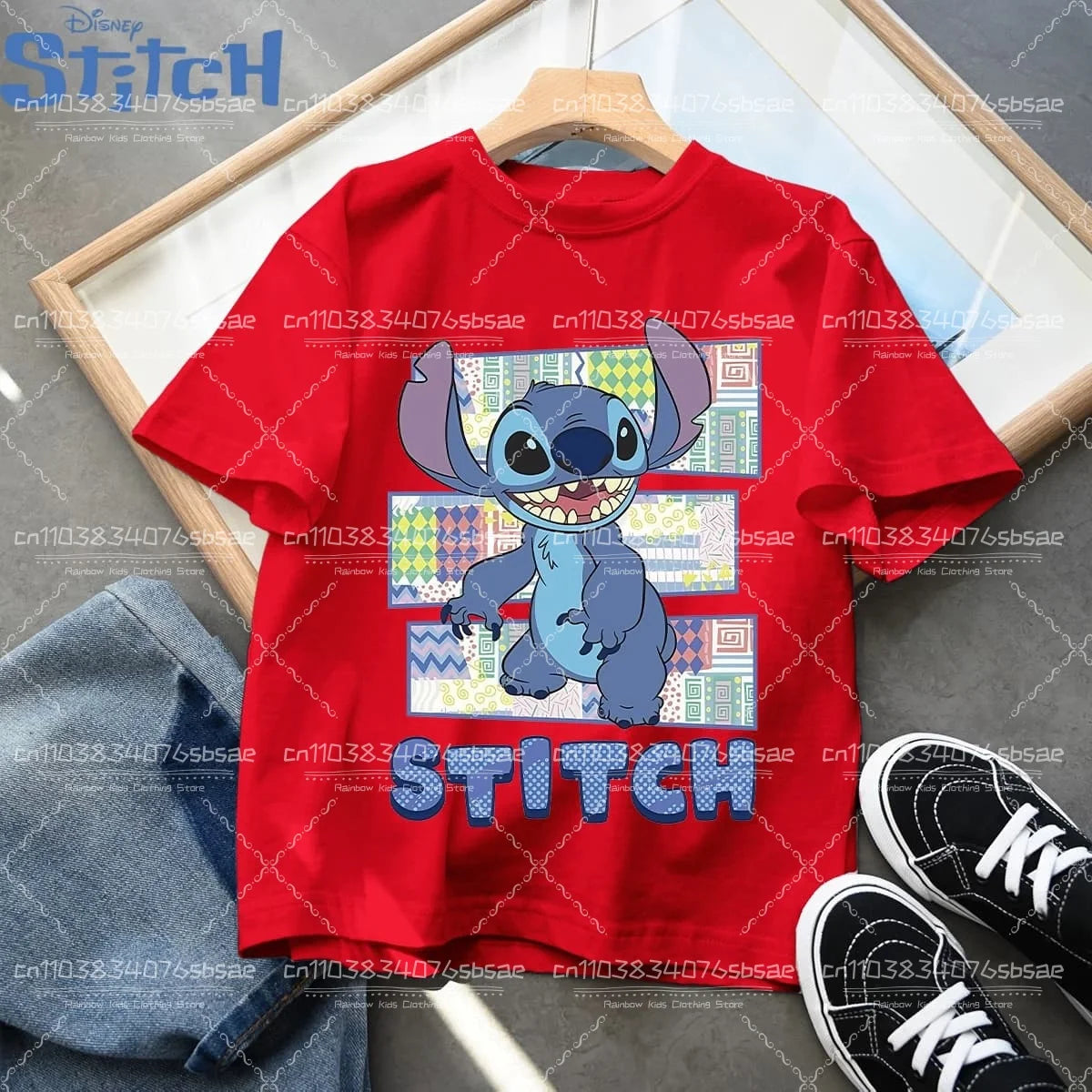 2026 Disney Children's Clothing, Stitch Cartoon Printed T-shirt, Round Neck Top for Boys and Girls, Soft Cotton Fabric Top