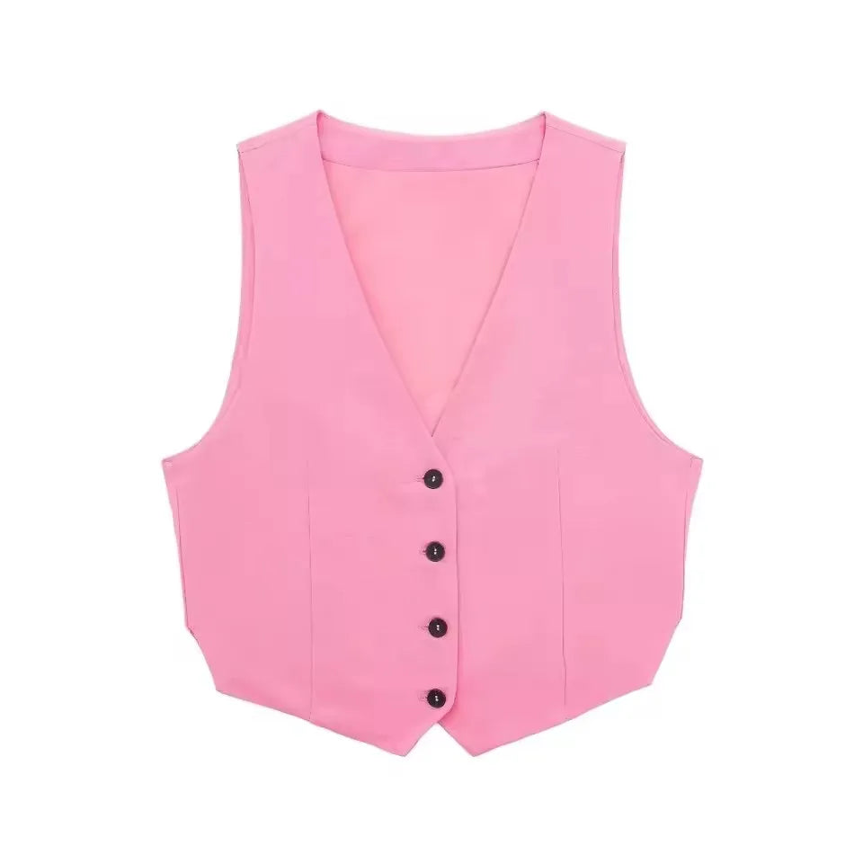 HH Women Solid Casual 2 Piece Set V Neck Single Breasted Vest Top High Waist Slim Shorts Female Casual Office Lady Daily Wear