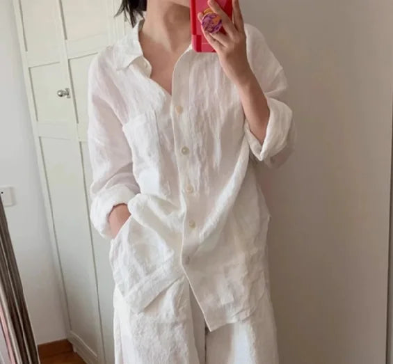 Fashionable Pure Color Cotton Linen Set Long Sleeve Single Button  Neck Shirt Elastic Waist Straight Leg Pants Two Piece Set