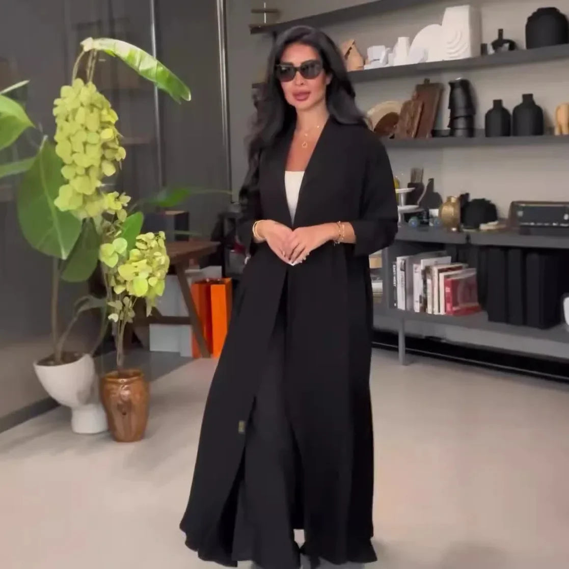 Muslim 2 Piece Set Women Long Coat Windbreaker Wide Leg Pants