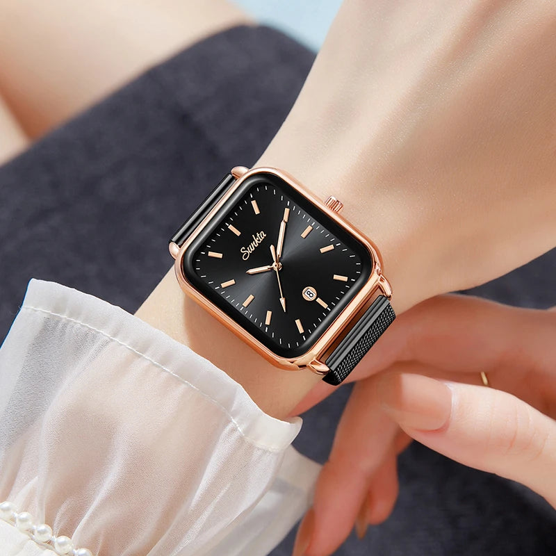 LIGE Vintage Fashion Quartz Wristwatches SUNKTA 2026 Top Luxury Watches Women Waterproof Luminous Mesh Strap Ladies Watch Gifts
