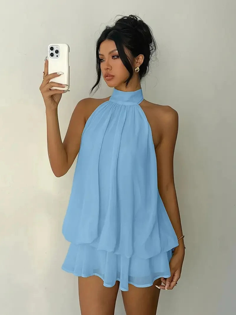Women's Halter Neck Dress, Backless Tie-Front Chiffon Sheer Mini Skirt