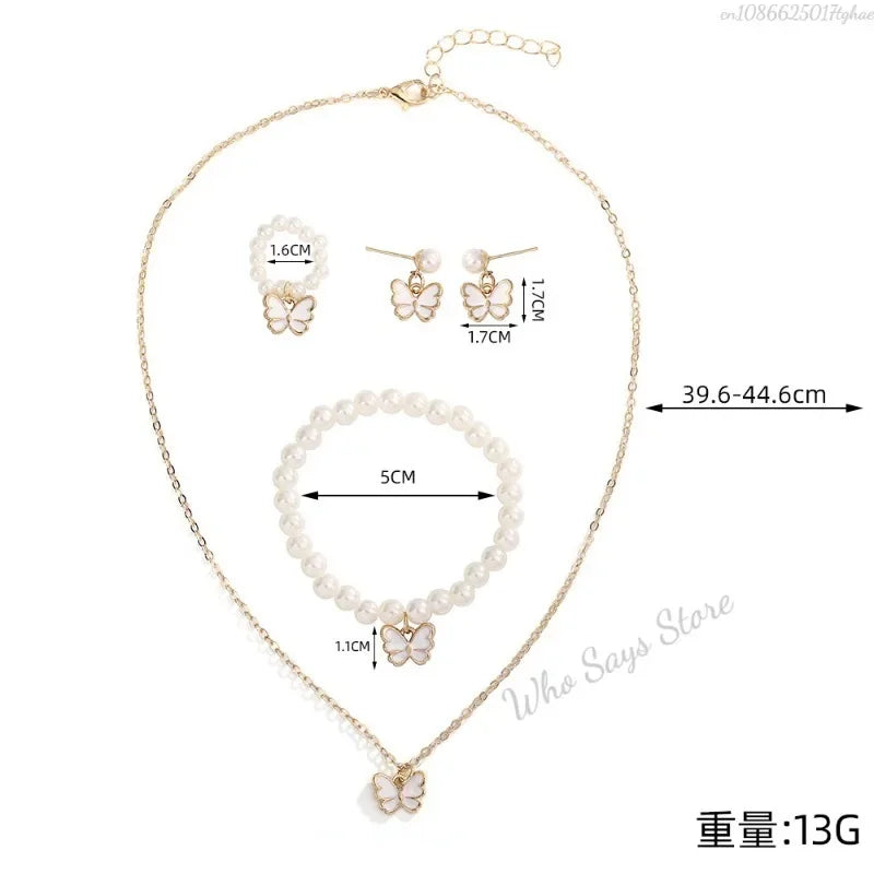 4pcs/Set Sweet Jewelry Set Butterfly Pendant Imitation Pearl Necklace for Women Pearl Earrings Girl Jewellery Women Gift