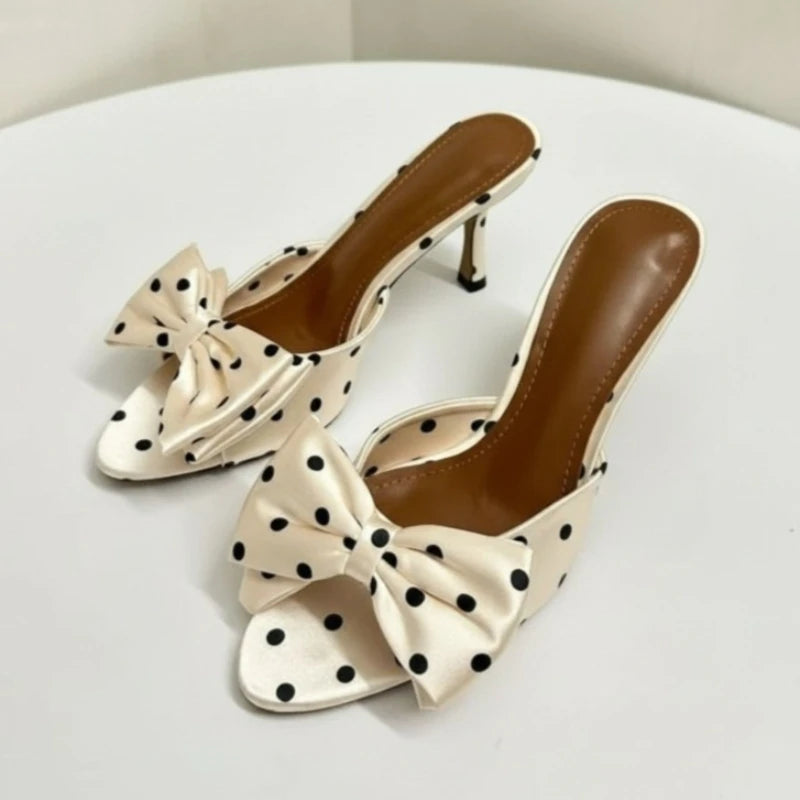 2026 Summer New Women's Polka Dot Bow Satin Mules - Stiletto High Heel Open Toe Fashion Slippers for Party Evening Dress Shoes