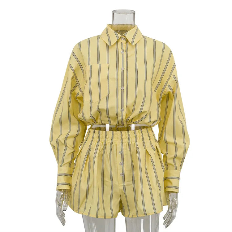 Women's Commute Set Long Sleeve Button Shirt & High Waist ShortsLoose Outfit Yellow Striped Two Piece Casual Summer Streetwear
