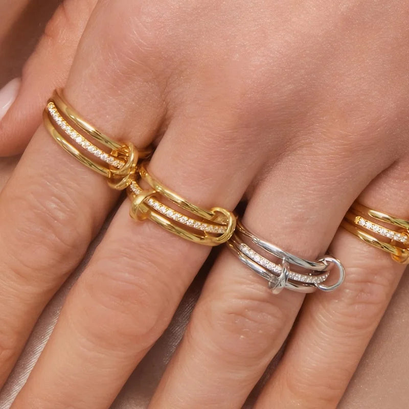 Stainless Steel Gold-Plated Zircon Three-Layer Stacked Round Ring For Women Non Tarnish Interlocked Rings Set Trend Jewelry Gift