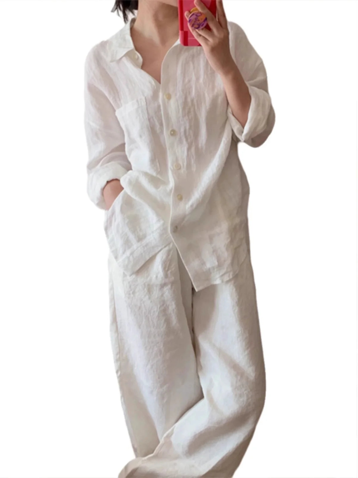 Fashionable Pure Color Cotton Linen Set Long Sleeve Single Button  Neck Shirt Elastic Waist Straight Leg Pants Two Piece Set