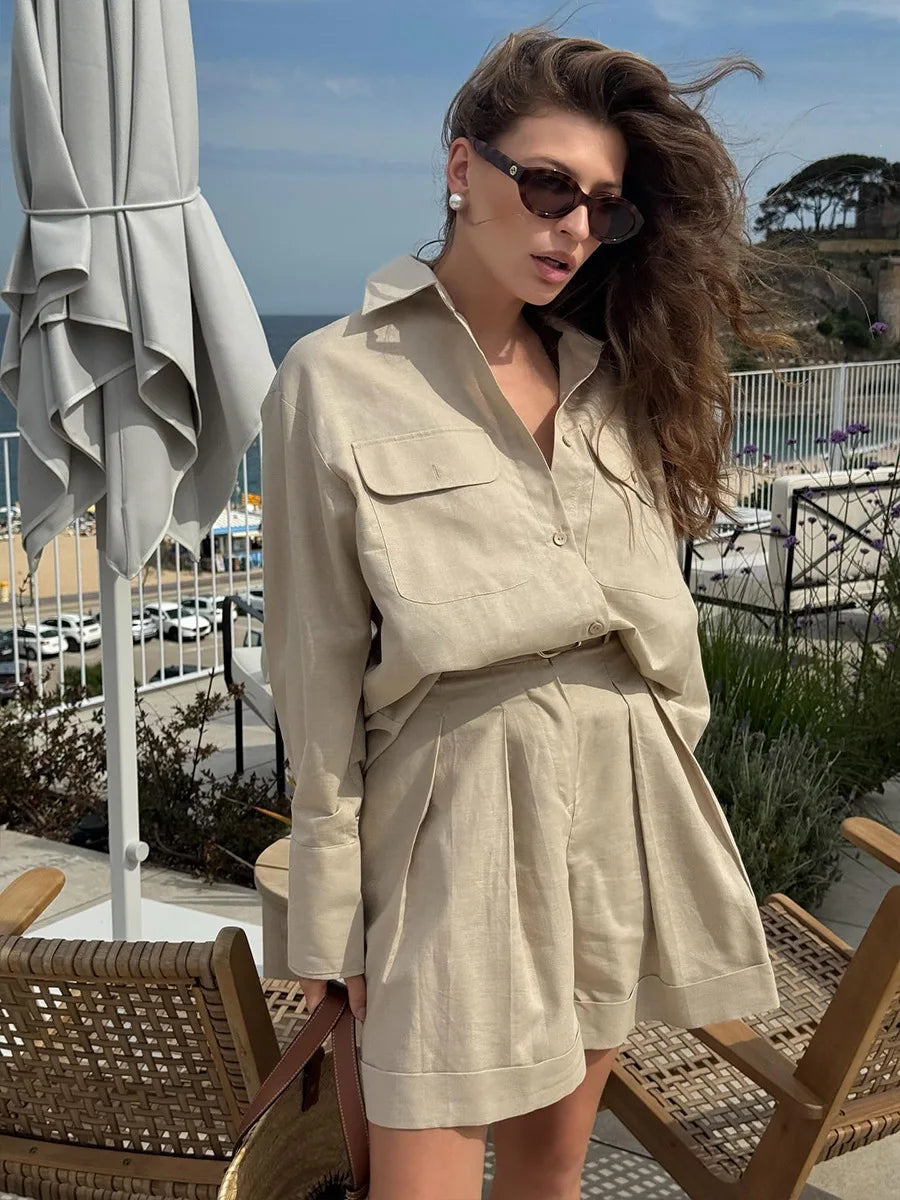 Long Sleeve Shirt Shorts Set Loose Breathable Fashionable Casual Outfit For Women