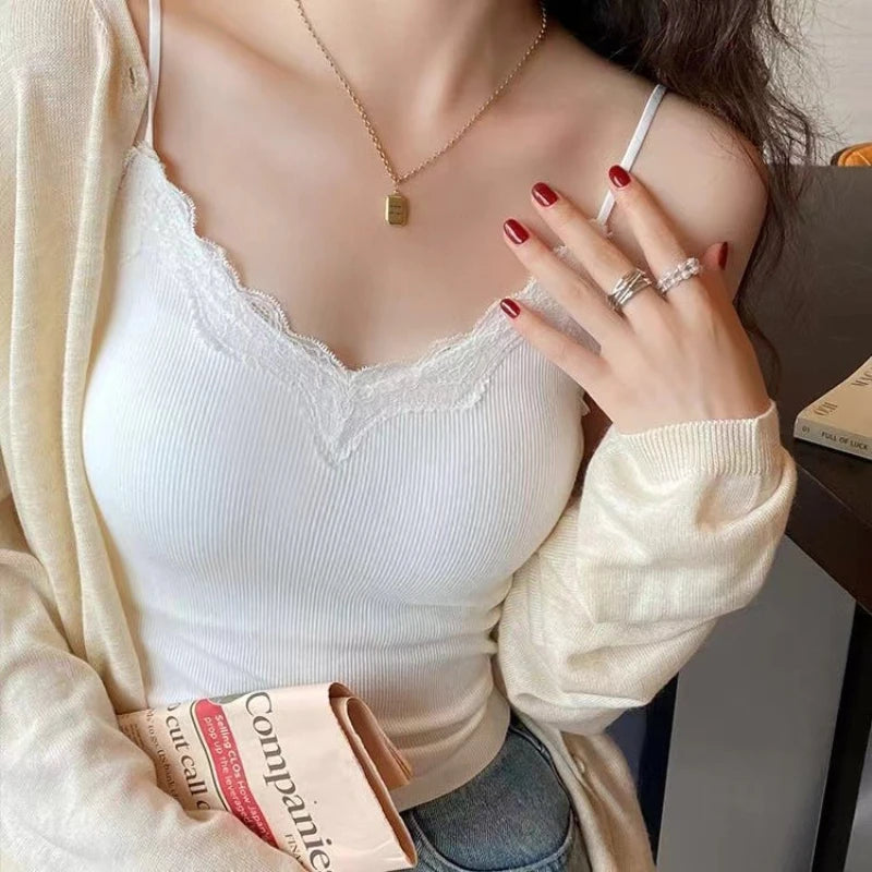 Women Sleeveless Tank Tops Solid Color Korean Version V Neck Slim Fashion Lace Stitching With Chest Pad Camisole