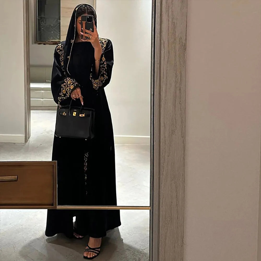 Abaya Eid Gold Embroidery Design Long Sleeve Dubai