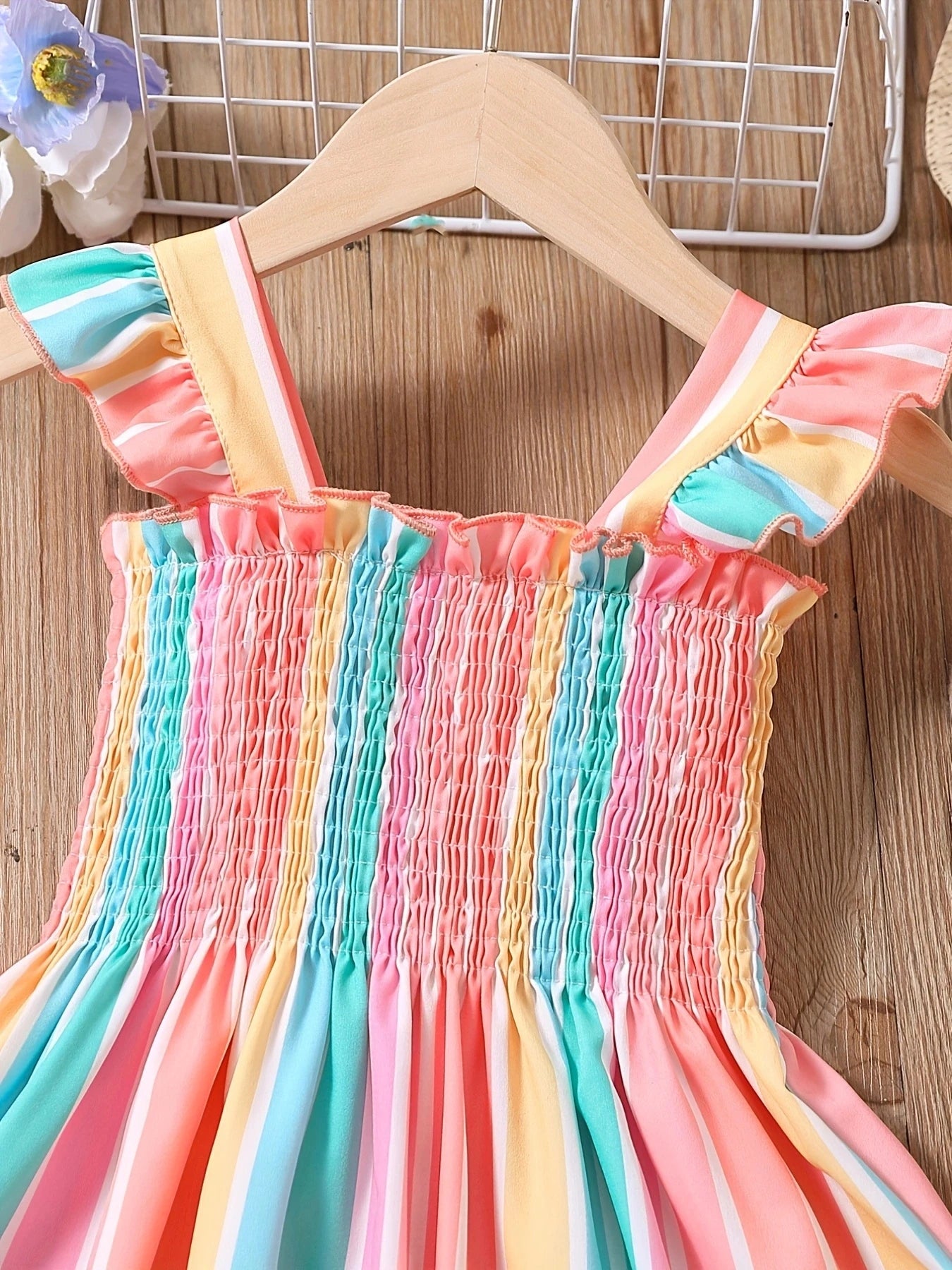 Girls' striped parallel pleated ruffle A-line dress
