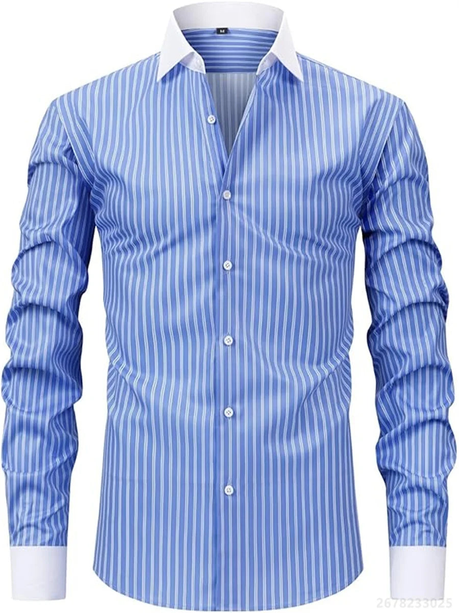 Men's shirts, long-sleeved lapel business formal button-down shirts, men's striped shirts, high-quality men's tops XS-6XL