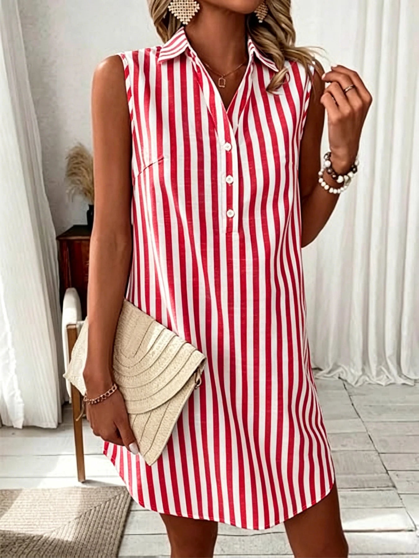 Women's Summer New Sleeveless V-Neck Button Striped Shirt Dress, Casual Short Daily Wear,  Comfortable Fashion