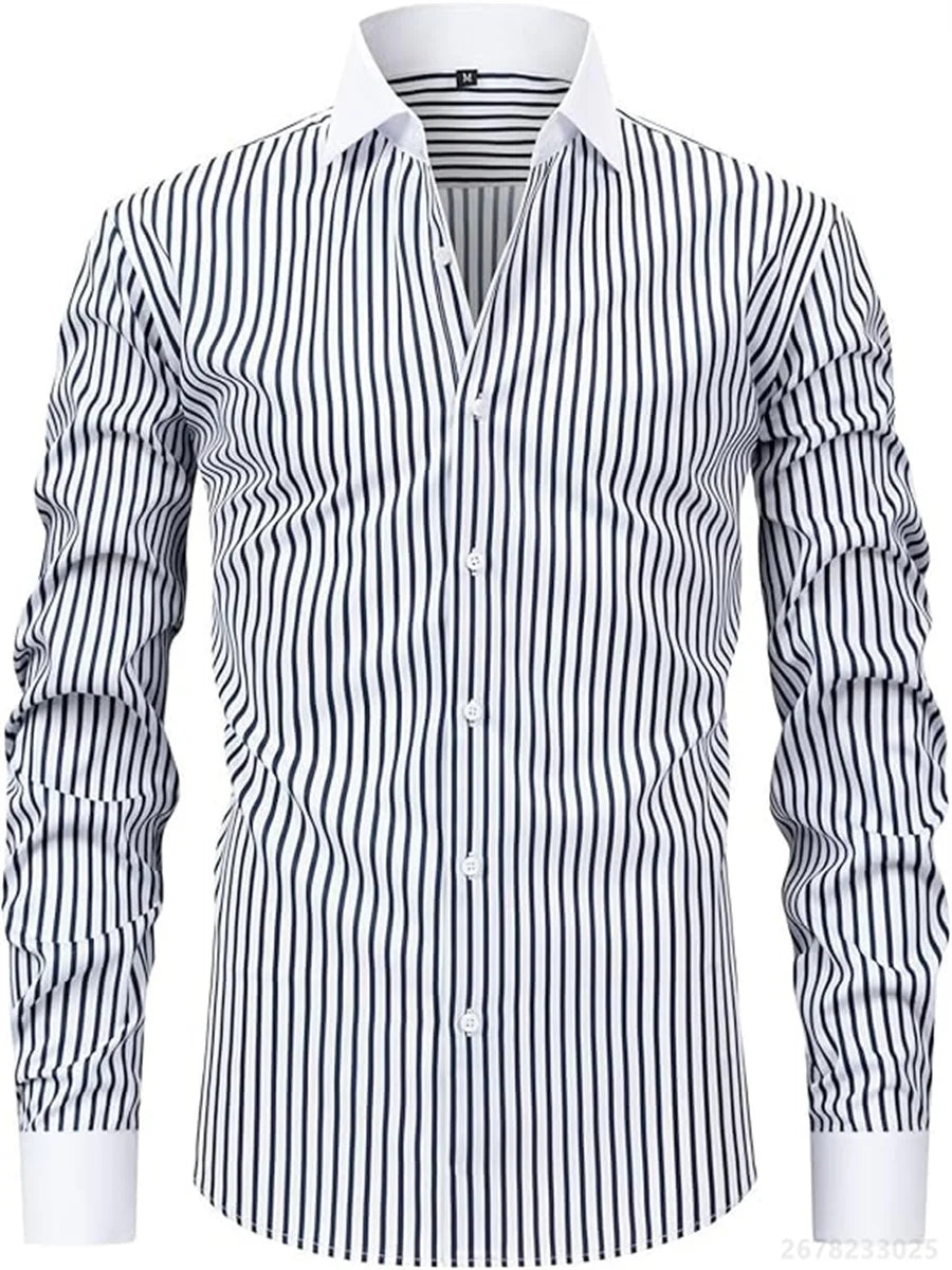 Men's shirts, long-sleeved lapel business formal button-down shirts, men's striped shirts, high-quality men's tops XS-6XL